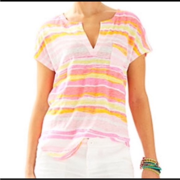 Lilly Pulitzer Duval linen top pink stripe short sleeve V neck large - Picture 1 of 6